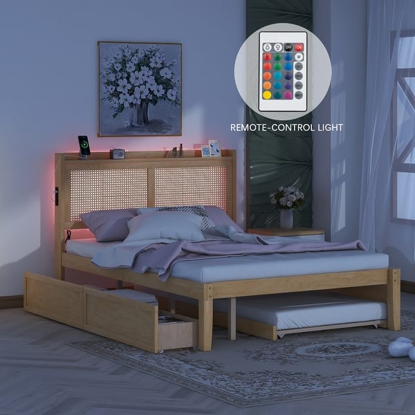 slide 2 of 17, Wooden Queen Storage Platform Bedframe w/ Rattan Headboard & Sockets Walnut - Queen