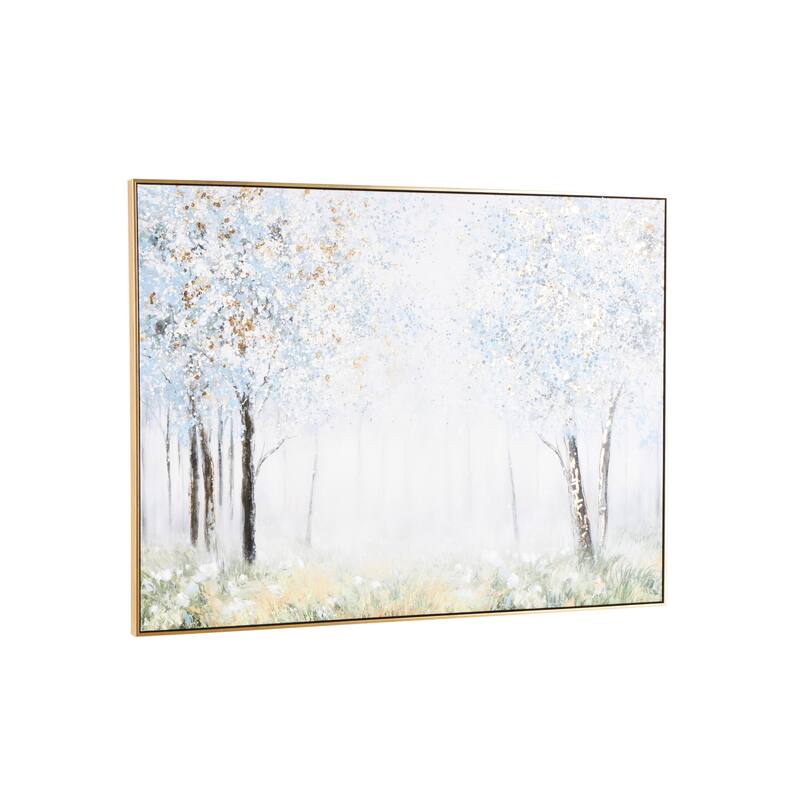 Blue Canvas Forest Landscape Framed Wall Art with Gold Foil Accents