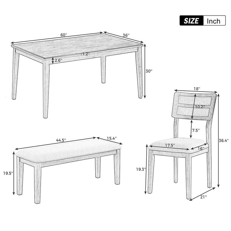 60'' rectangular dining table with 4 upholstered chairs and bench