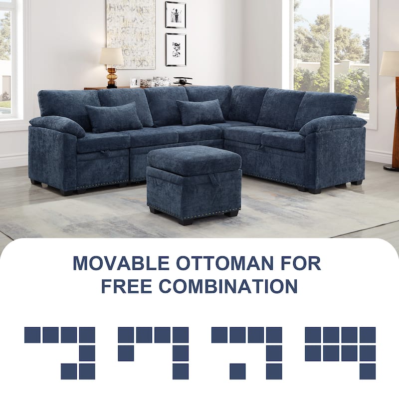 L-Shaped Chenille Sectional Sofa with Pull-Out Bed, Upholstered Convertible 7-Seater Sofa with Storage Ottoman & 2 Pillows