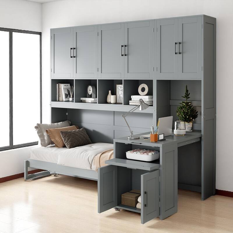 Space-Saving Twin Murphy Bed with Desk, Wardrobe, and Drawers, Fold Up Wall Bed for Small Rooms - Grey - Twin