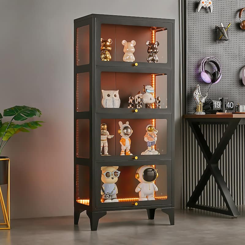 4/5-Tier Curio Display Cabinet with Glass Flip Doors & LED Light Strip - 4-Tier - Black