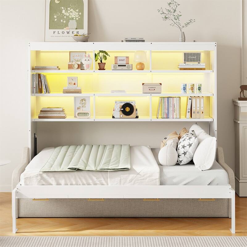 Full/Queen Size Murphy Wall Bed with LED Light and Folding Sofa, Space Saving Design Murphy Cbainet Bed wiht Storage Shelves