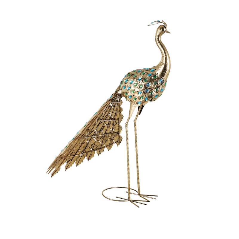 Metal Peacock Garden Sculpture with Blue and Green Jewels - Brass - Roche River Decor