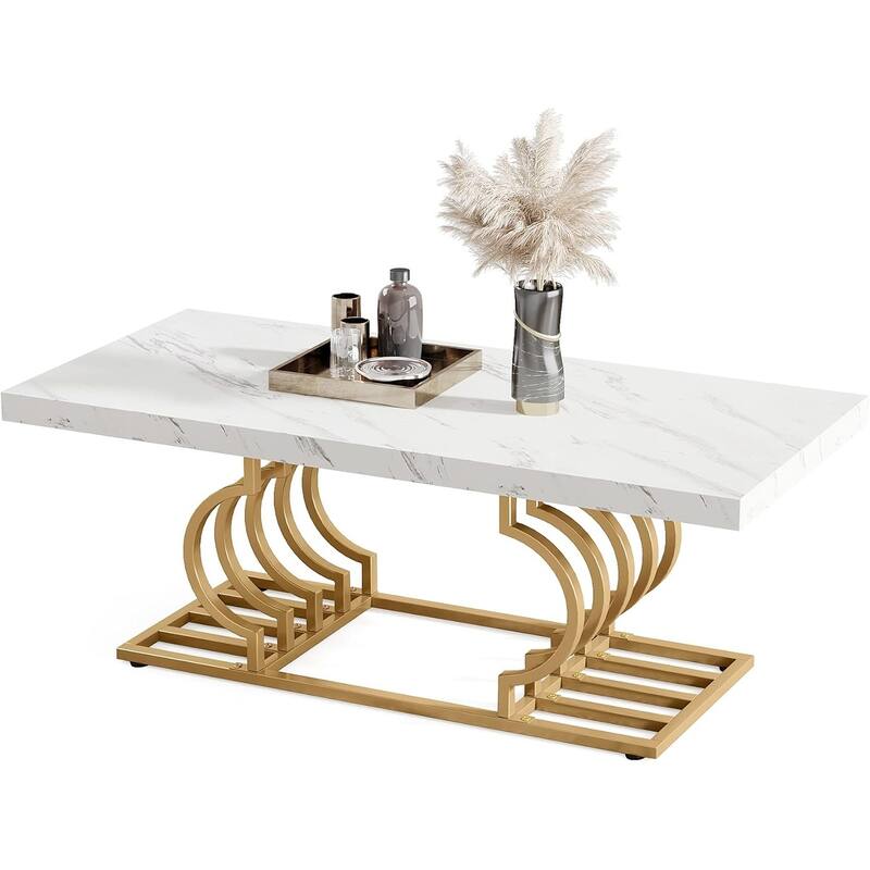 Modern White Coffee Table with Faux Marble Top and Gold Metal Frame for Living Room - 47.24”L x 19.68”W x 19.68”H