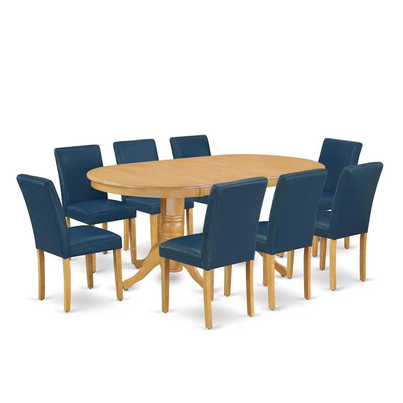 Kitchen Dining Set 9pc Table w/ Leaf & 8 Chairs - Oasis PU Leather & Oak Leg