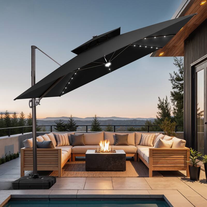 11 FT Square Outdoor Patio Cantilever Umbrella with Solar Lights Wheeled Base Double Canopy 360 Rotation Tilt - Black