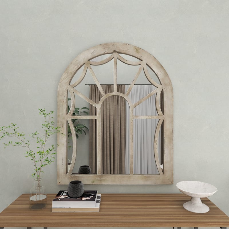 Wood Window Pane Inspired Room Wall Mirror with Arched Top - Cream - Roche River Decor