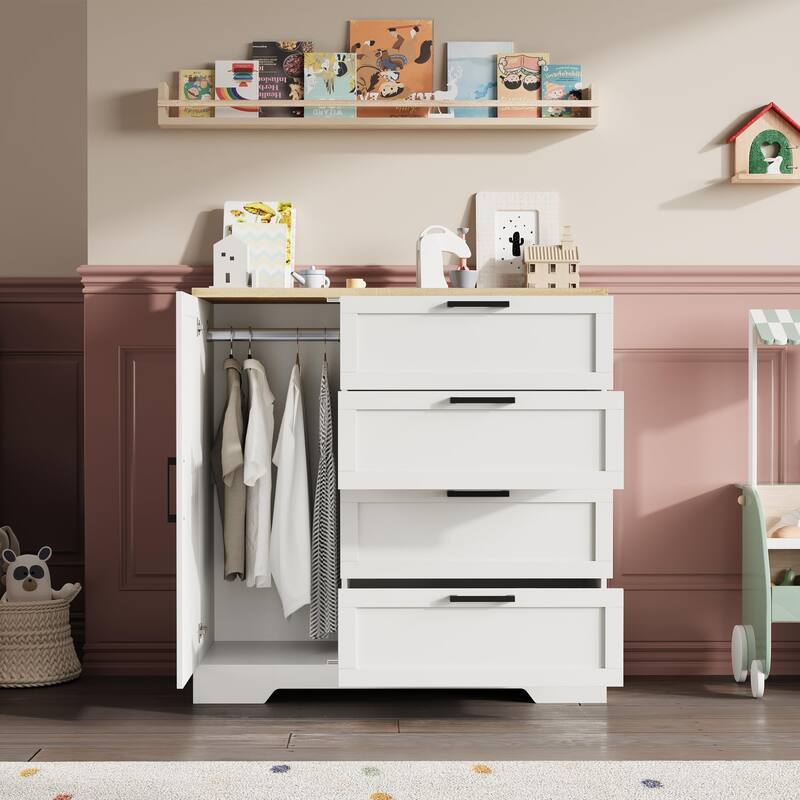 43.3'' Small Wardrobe Closet, Wardrobe Cabinet with Door, 4 Drawers and Handing Rod, Wooden Clothes Cabinet