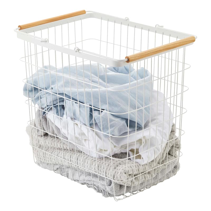 Yamazaki Home Wire Basket - Two Sizes, Steel and Wood, Large, 8.7 gallons, 33 liters, Holds 8.8 lbs - Large - White