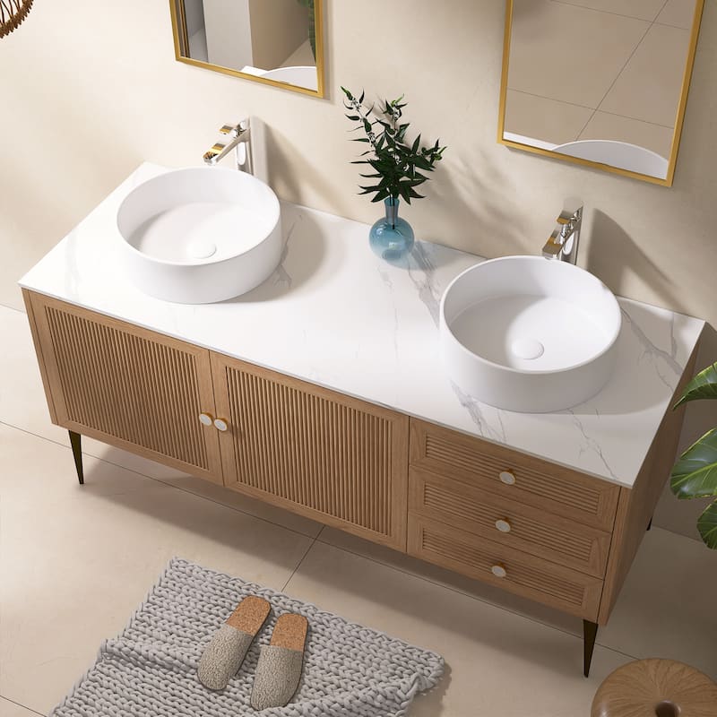 60" Freestanding Bathroom Vanity in Oak with White Ceramic Sink - 60'' x 20.05'' x 33.46''