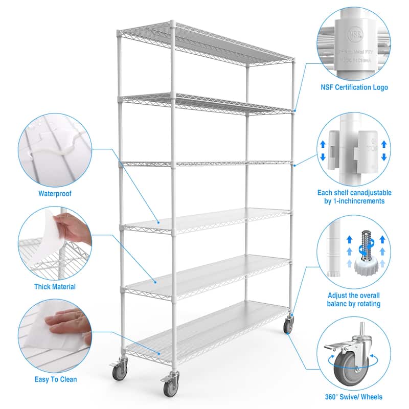 Adjustable Height 6 Tier Metal Wire Shelving Unit with Wheels