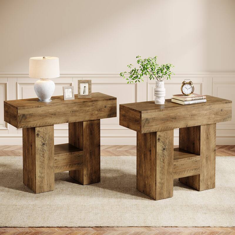 31.5 Inches Rustic Sofa Side Table with 2-Tier Storage Shelf - 2pcs