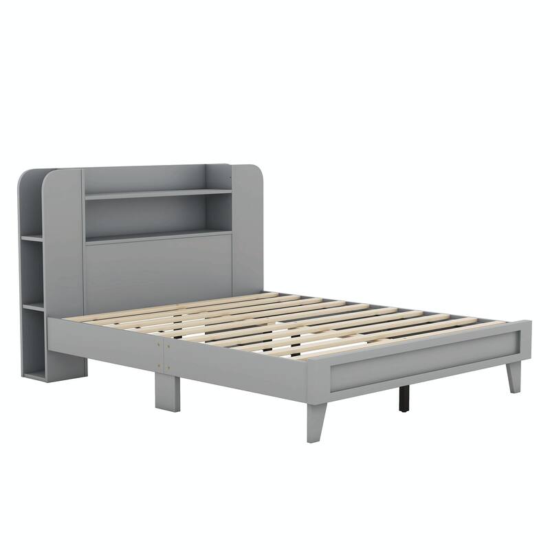 Platform Bed with Storage Headboard, Multiple Shelves on Both Sides