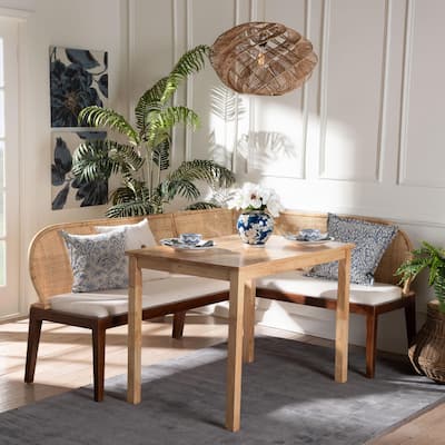 Okinawa 3-Piece Dining Nook Set - L-Shaped Rattan Corner Benches and Solid Wood Table, Boho Coastal Banquette for Dining