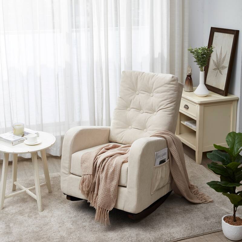Beige Adjustable Reclining Sofa Chair with Solid Wood Legs, High Back Support, and Side Pockets for Relaxation