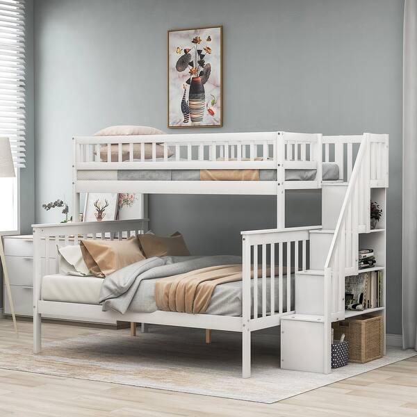 slide 2 of 9, White Twin Over Full Solid Wood Bunk Bed with Storage Staircase, Convertible to Two Beds White