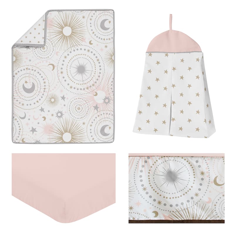 Sweet Jojo Designs Blush Pink Gold Grey & White Star and Moon Celestial Collection Baby Girl 4-pc Bumperless Crib Bedding Set