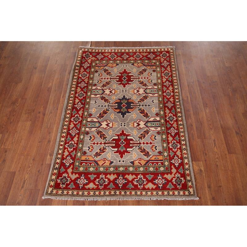 Beige Geometric Kazak Foyer Rug Handmade Wool Carpet - 2'9" x 4'2"