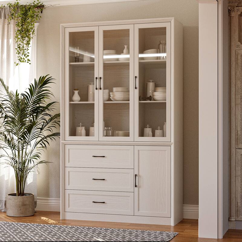 79.6"H Display Bookcase Pantry Cabinet Sideboard with Tempered Glass Doors White/Brown