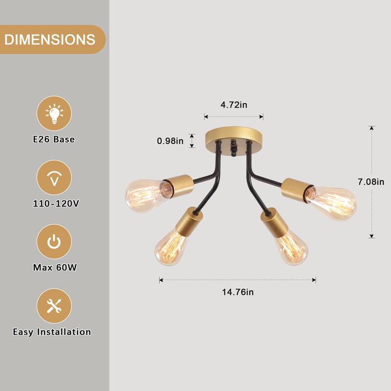 Modern 4-Light Semi Flush Mount Ceiling Light for Dining Room Bedroom Hallway Entryway