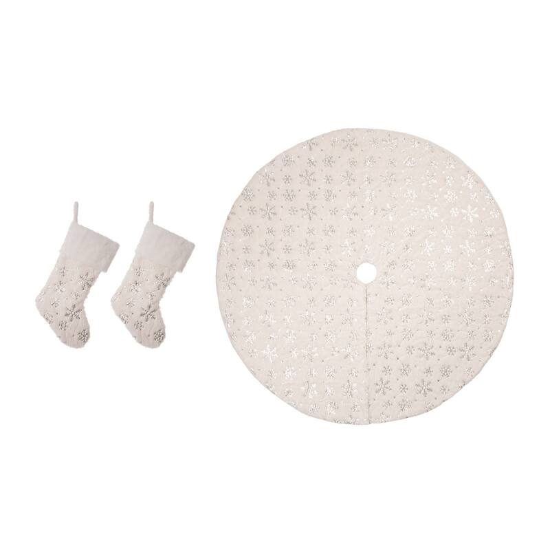 Glitzhome Set of 3 White Snowflake Christmas Stocking and Tree Skirt Decoration - White