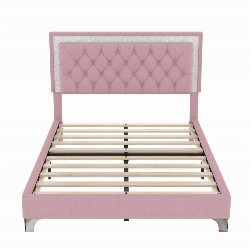 Full Size Velvet Platform Upholstered Bed with LED Lights,Headboard