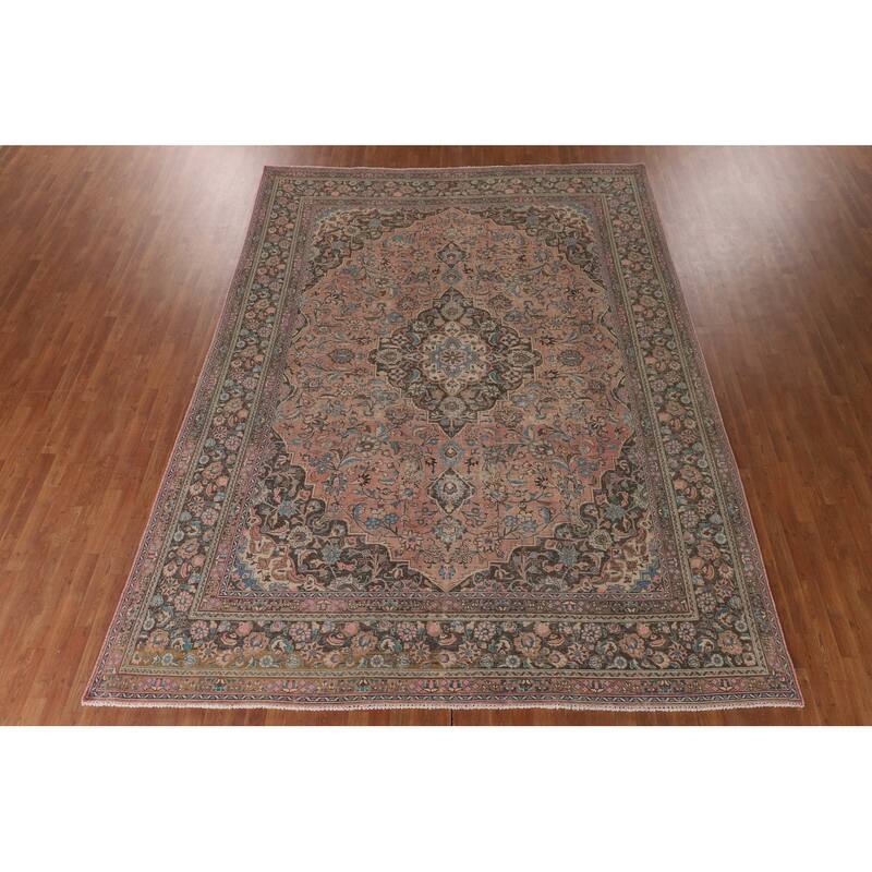 Traditional Pink Mashad Persian Vintage Rug Handmade Wool Carpet - 9'6"x 12'6"