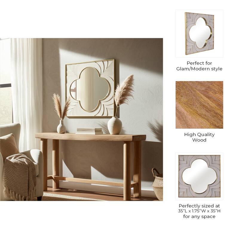 Wood Brass Frame Wall Mirror Decorative Elegant Room Decor - 35" Ivory - 35" x 1.75" x 35"