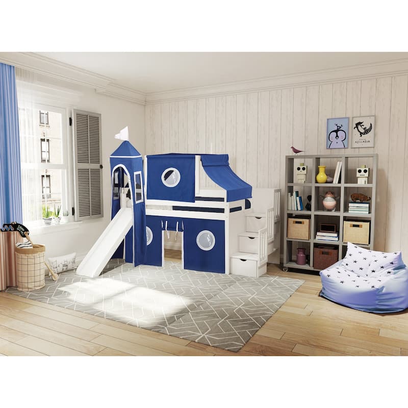 JACKPOT Prince & Princess Low Loft Twin Bed, Stairs Slide Tent & Tower