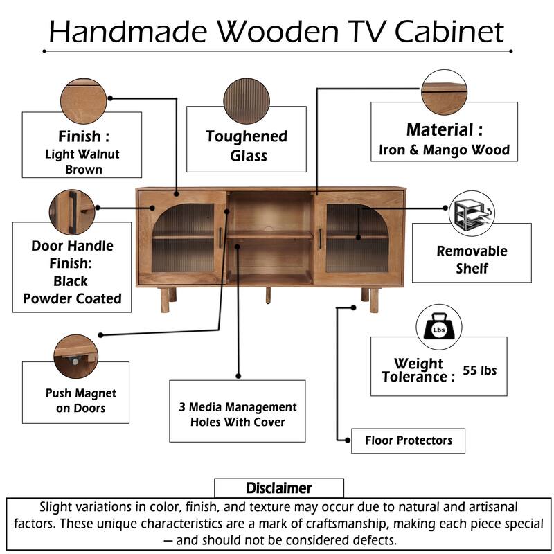 64 Inch James TV Stand Console, 2 Arch Glass Door Cabinets & Shelves, Walnut Brown Mango Wood