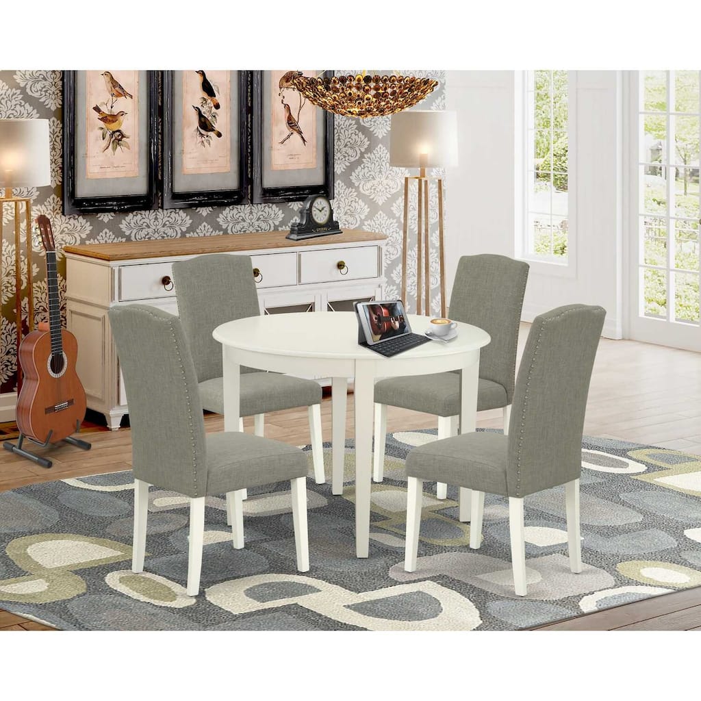 Round Kitchen Table Set 5pc - 42" Table & 4 Parsons Chairs - Linen White Legs - Dark Shitake Fabric