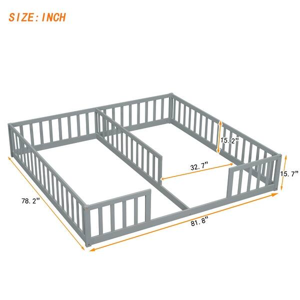 dimension image slide 2 of 3, Wood Double Twin Size Floor Bed Frame with Fence-Easy to Assemble