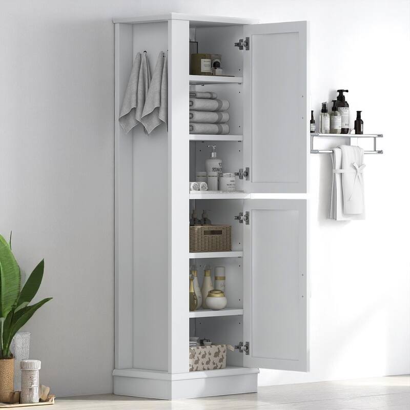 68-Inch Tall Bathroom Storage Cabinet with 2 Doors, Adjustable Shelves, Side Hooks & Anti-Tip Kit, Freestanding Organizer, Black