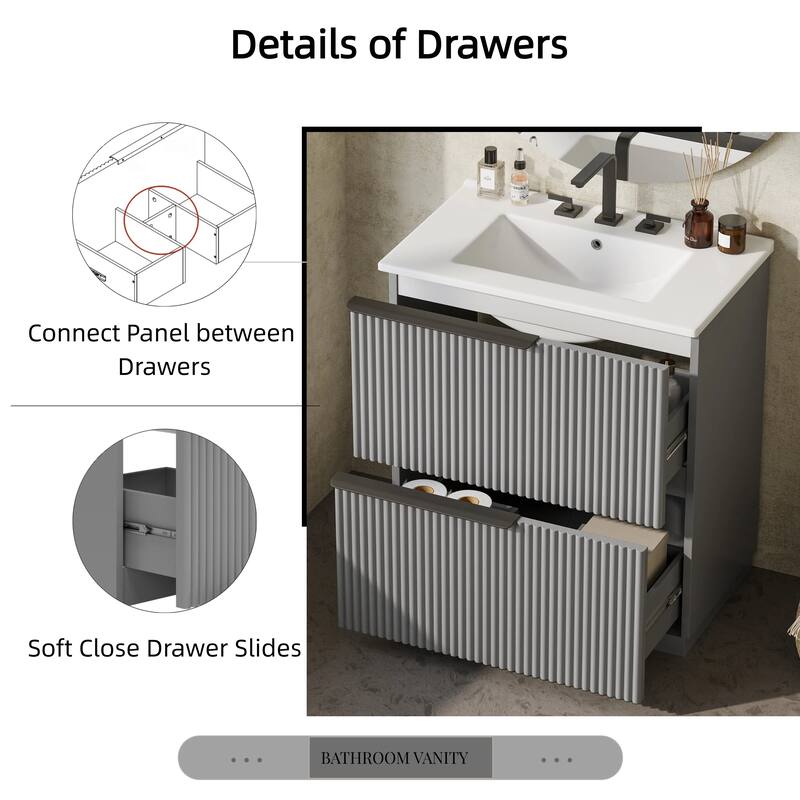 30" Bathroom Vanity with Ceramic Sink, Full-Extension Drawers, Soft Close Slides, and Fluted Design