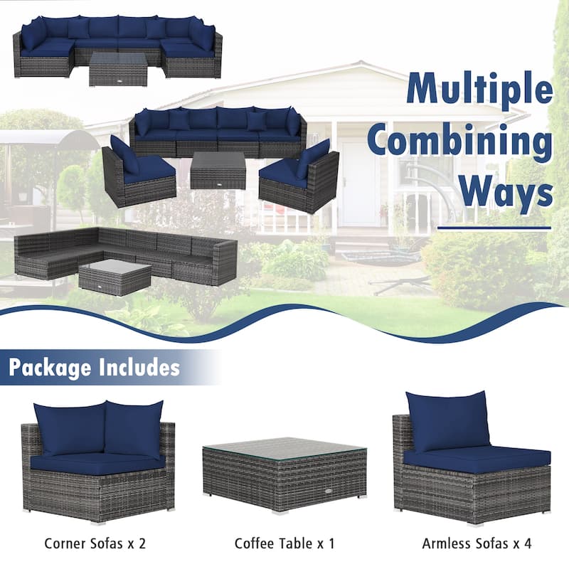 Patio Rattan Furniture Set Sectional Sofa Garden Cushion - 7 Pieces - Armless Sofa: 29" x 25.5" x 24"