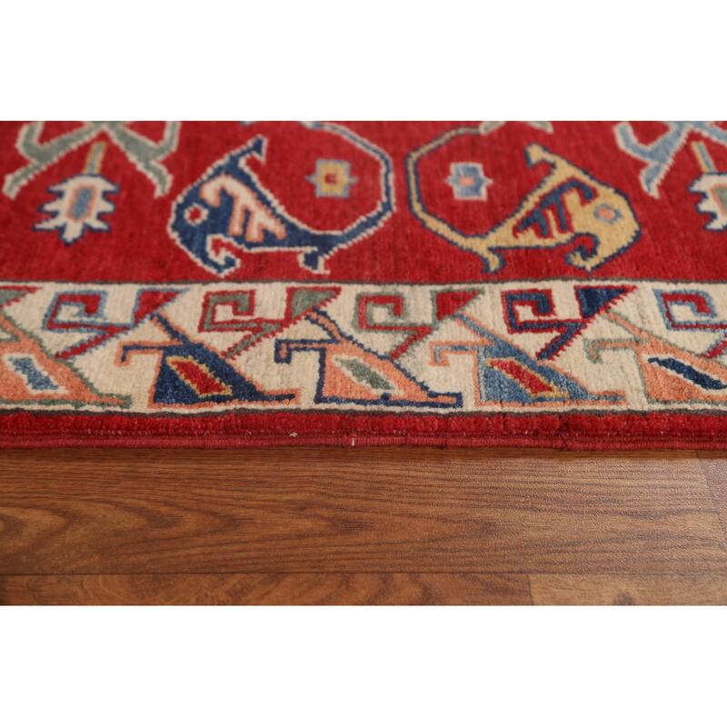 Red Geometric Kazak Oriental Traditional Wool Runner Rug Hand-knotted - 2'8" x 9'8"