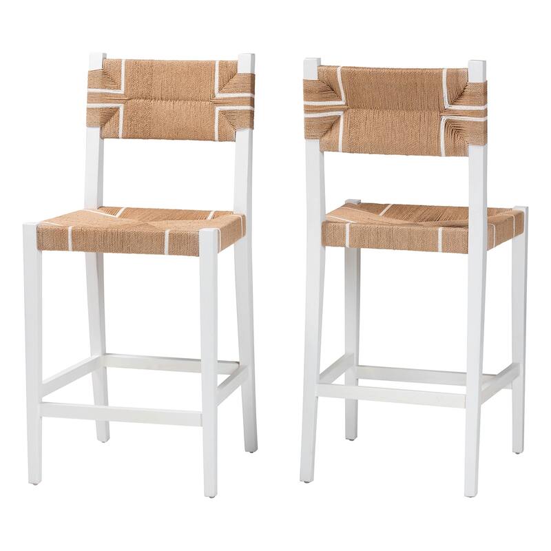 Talli Bohemian Paper Loom and White Mahogany Wood 2-Piece Bar Stool Set - White