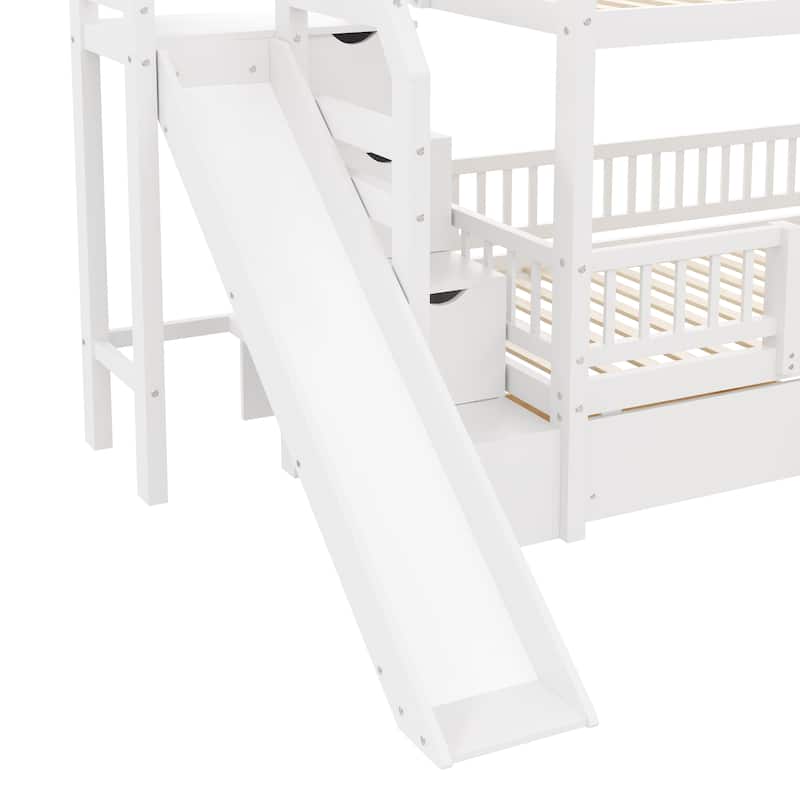 Twin Over Twin Bunk Bed with Storage Staircase, Slide and 2 Drawers