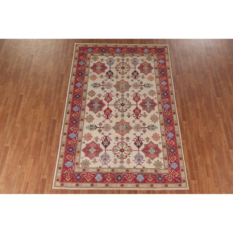Hand Knotted Oriental 100% Wool Carpet Traditional All-Over Beige & Ivories Kazak Area Rug - 9' 9'' X 6' 5''
