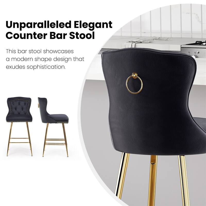 Velvet Bar Stools with Metal Legs, Button Tufted and Nailheads Trim (Set of 2)