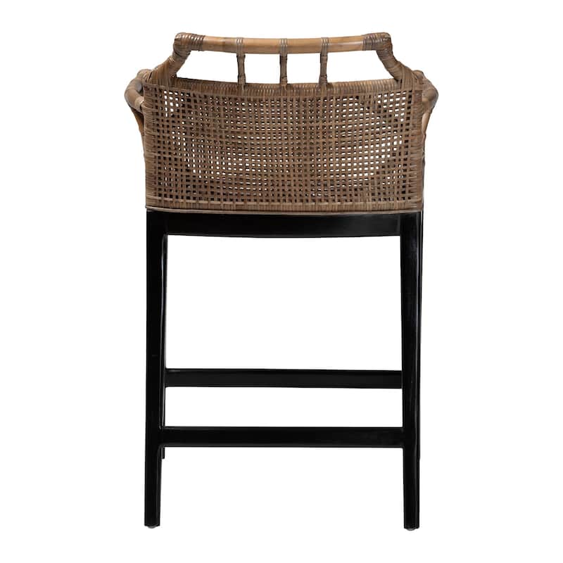 Abiel Natural Rattan Counter Stool with Arms and Removable Cushion - Handwoven Wicker Stool with Mahogany Wood Frame
