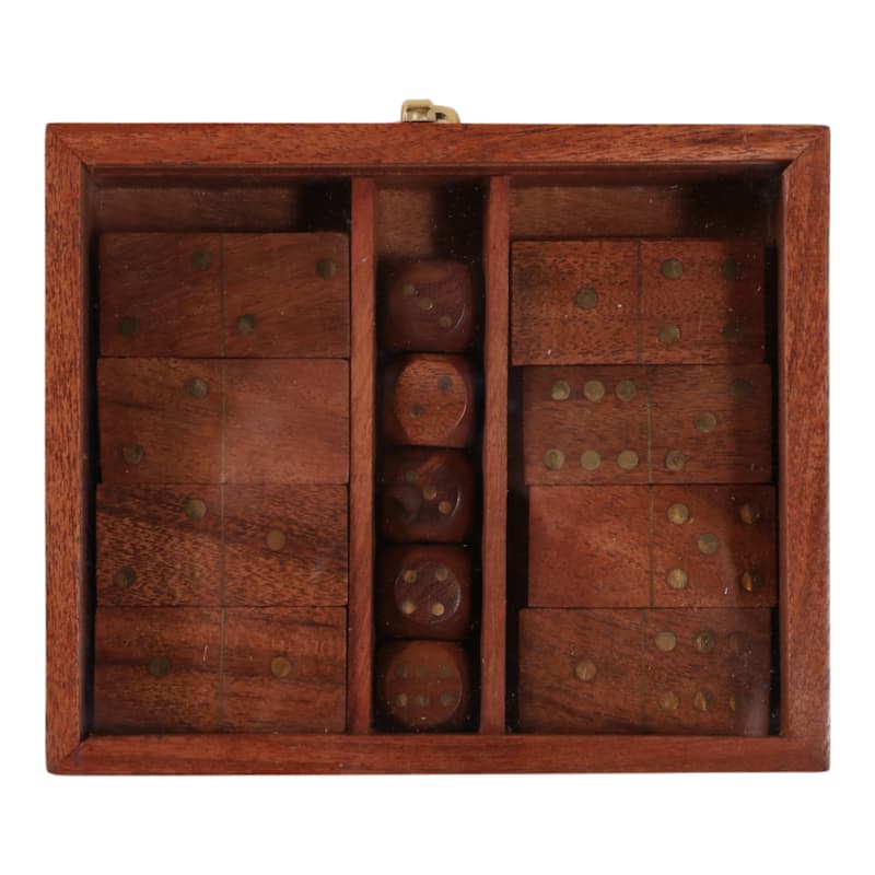 3 in 1 Classic Tabletop Game Set in Wooden Case Storage - 6", Brown & Gold - 6.0"