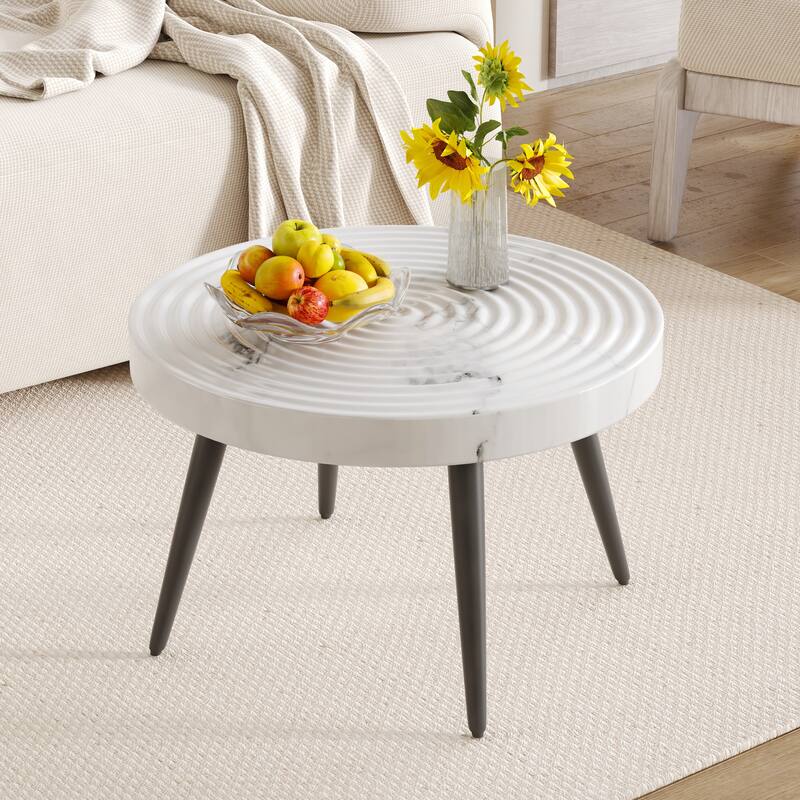 Roomfitters 23.6" Round Coffee Table with Natural Wood Grain Texture and Black Metal Legs - White+Black