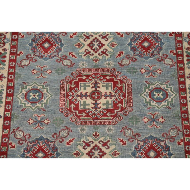 Blue Geometric Kazak Area Rug Hand-Knotted Wool Carpet - 4'11" x 6'4"