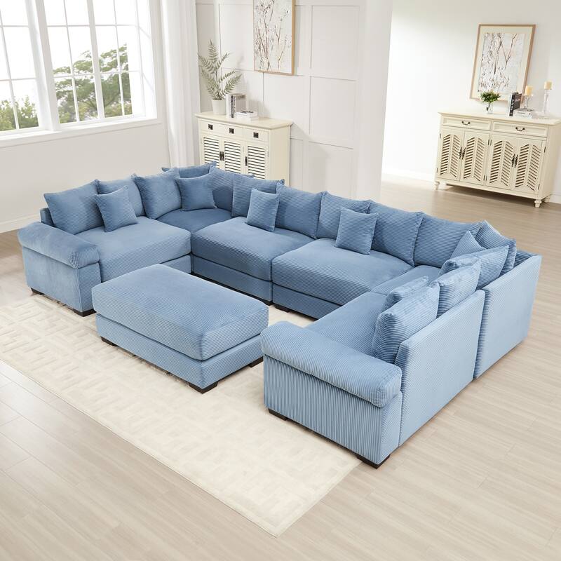 6-Seat Convertible Cloud Corduroy Modular Sofa with 1 Ottoman & Throw Pillows - Blue