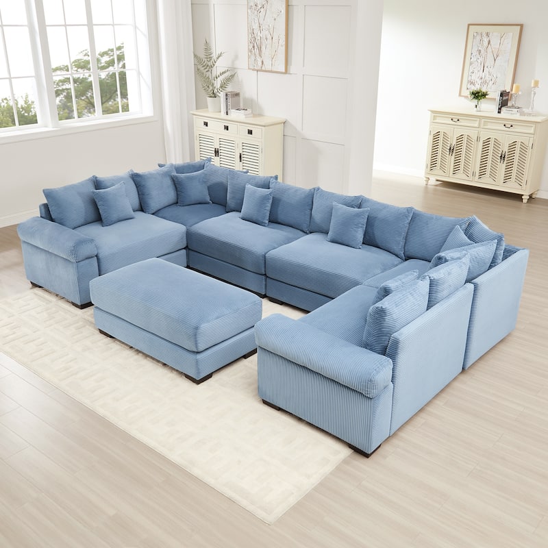 GDFStudio - Corduroy U-Shaped 6-Seater 137.7" Cloud Modular Sectional Couch with Ottoman - Blue