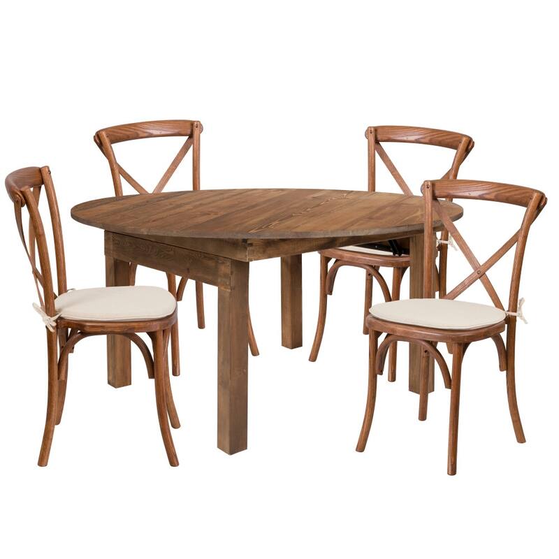 60" Round Solid Pine Folding Farm Dining Table Set with 4 Cross Back Chairs