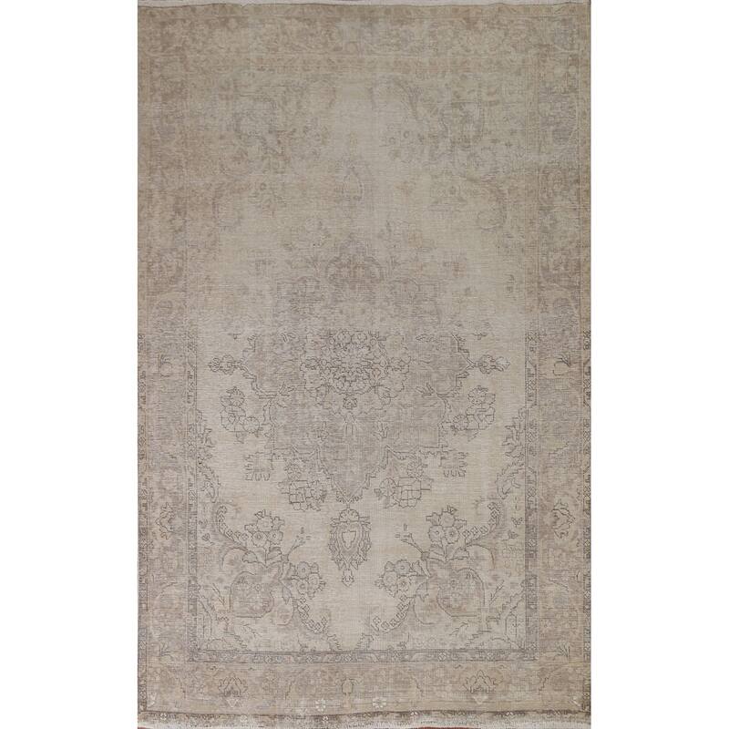 Hand Knotted Oriental 100% Wool Carpet Traditional Floral Beige & Ivories Tabriz Area Rug - 9' 7'' X 6' 7''