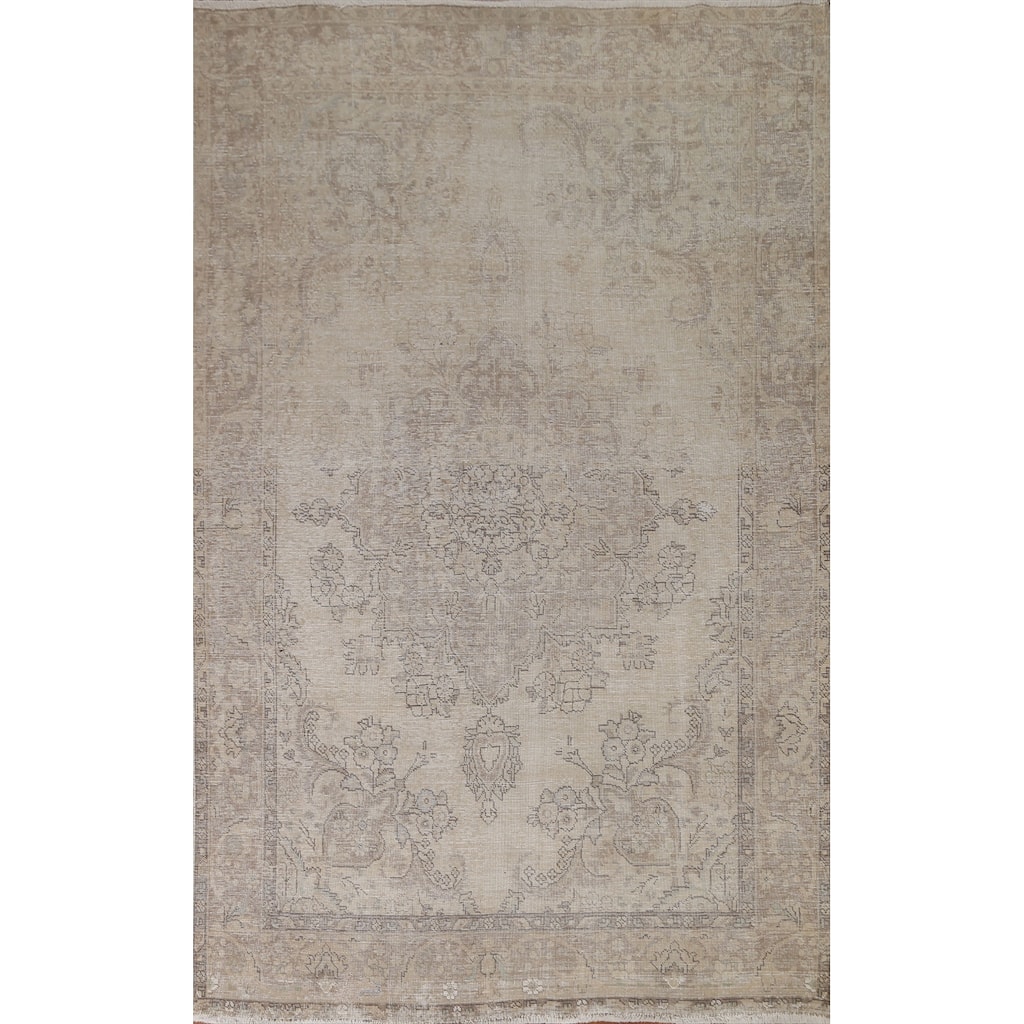 Hand Knotted Oriental 100% Wool Carpet Traditional Floral Beige & Ivories Tabriz Area Rug - 9' 7'' X 6' 7''